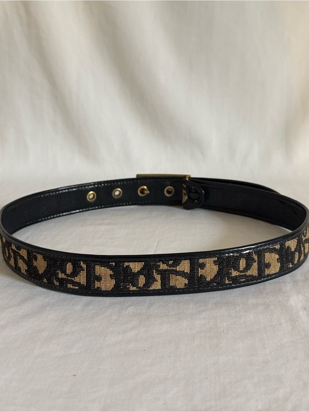 Christian Dior Belt Oblique Monogram Canvas Black Tan CD Buckle Vintage - Picture 4 of 6